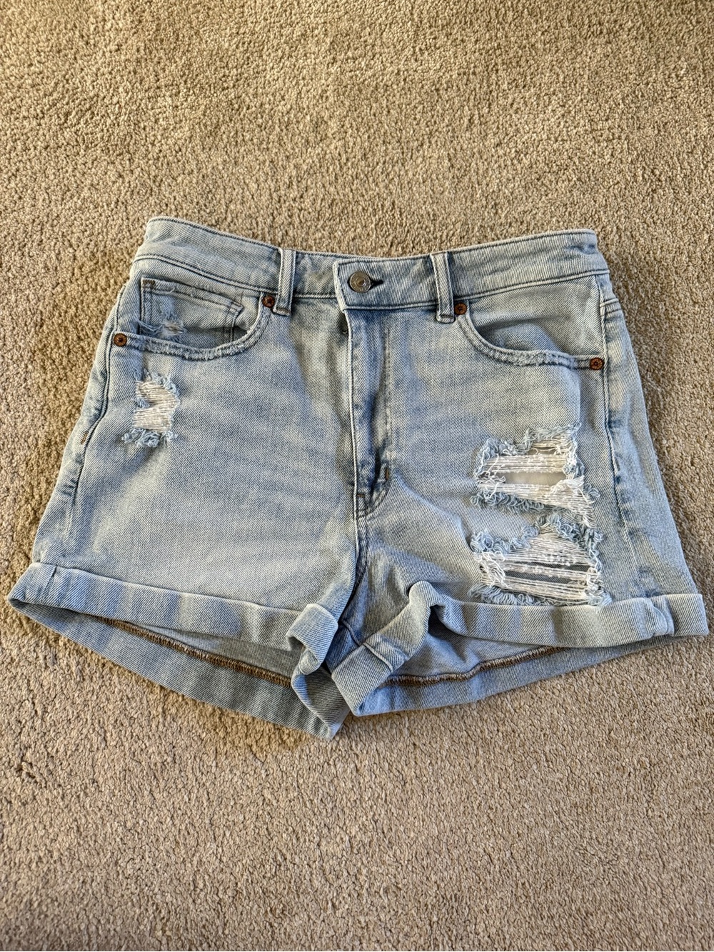 American Eagle Outfitters Light Blue Distressed Rolled-Hem Denim Shorts